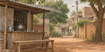 A tea stall bench under a tin awning, nobody there