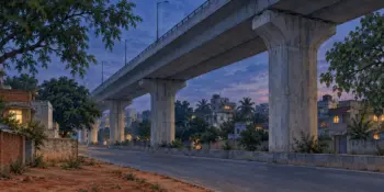 A city flyover at blue hour with distant lit windows