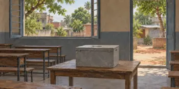 A ballot box-like plain metal trunk on a wooden table in a bare classroom