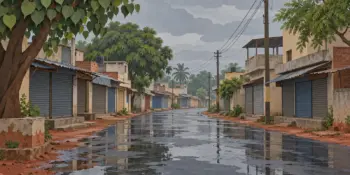 A quiet town street after rain with shuttered shops