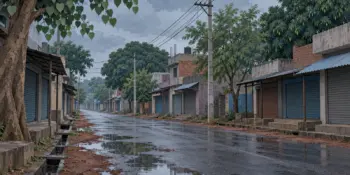 A quiet town street after rain with shuttered shops