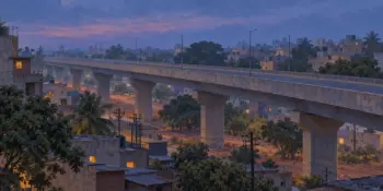 A city flyover at blue hour with distant lit windows