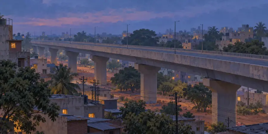 A city flyover at blue hour with distant lit windows