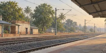 A railway platform in soft early light, no train