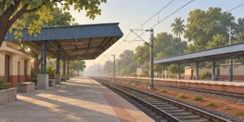 A railway platform in soft early light, no train