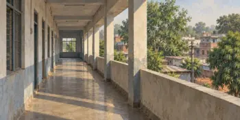 A government-style corridor with tall windows and long shadows