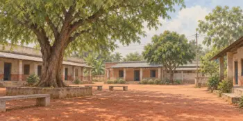 A rural school courtyard with a neem tree and empty benches