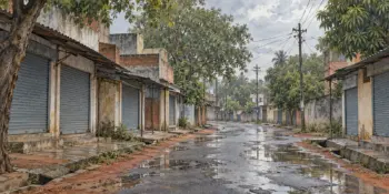 A quiet town street after rain with shuttered shops