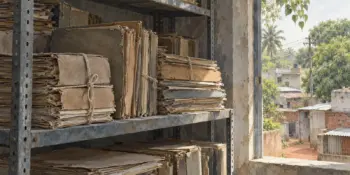 A stack of old paper files on a steel shelf in a dim record room