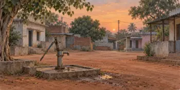 A hand pump in a village square in evening light