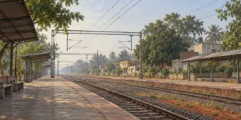 A railway platform in soft early light, no train