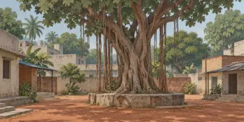 A courtyard with an old banyan tree and a low stone platform