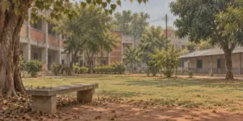 A university lawn with an empty stone bench and fallen leaves