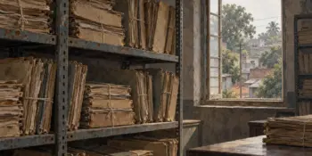 A stack of old paper files on a steel shelf in a dim record room