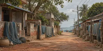 A coastal fishing village lane with nets drying