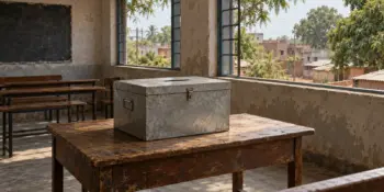 A ballot box-like plain metal trunk on a wooden table in a bare classroom