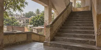 A staircase in an old public building with worn stone steps