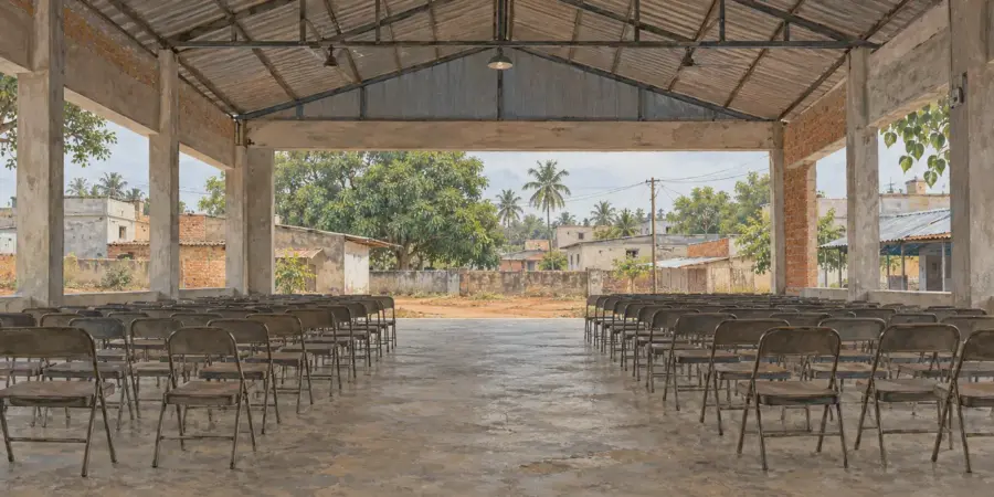A wide empty hall with rows of folding chairs