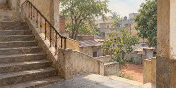A staircase in an old public building with worn stone steps