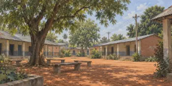 A rural school courtyard with a neem tree and empty benches