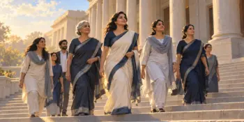 A group of women of different ages walk confidently together on the wide steps of a grand legislature building