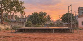 An empty open-air stage with bare scaffolding at sunset